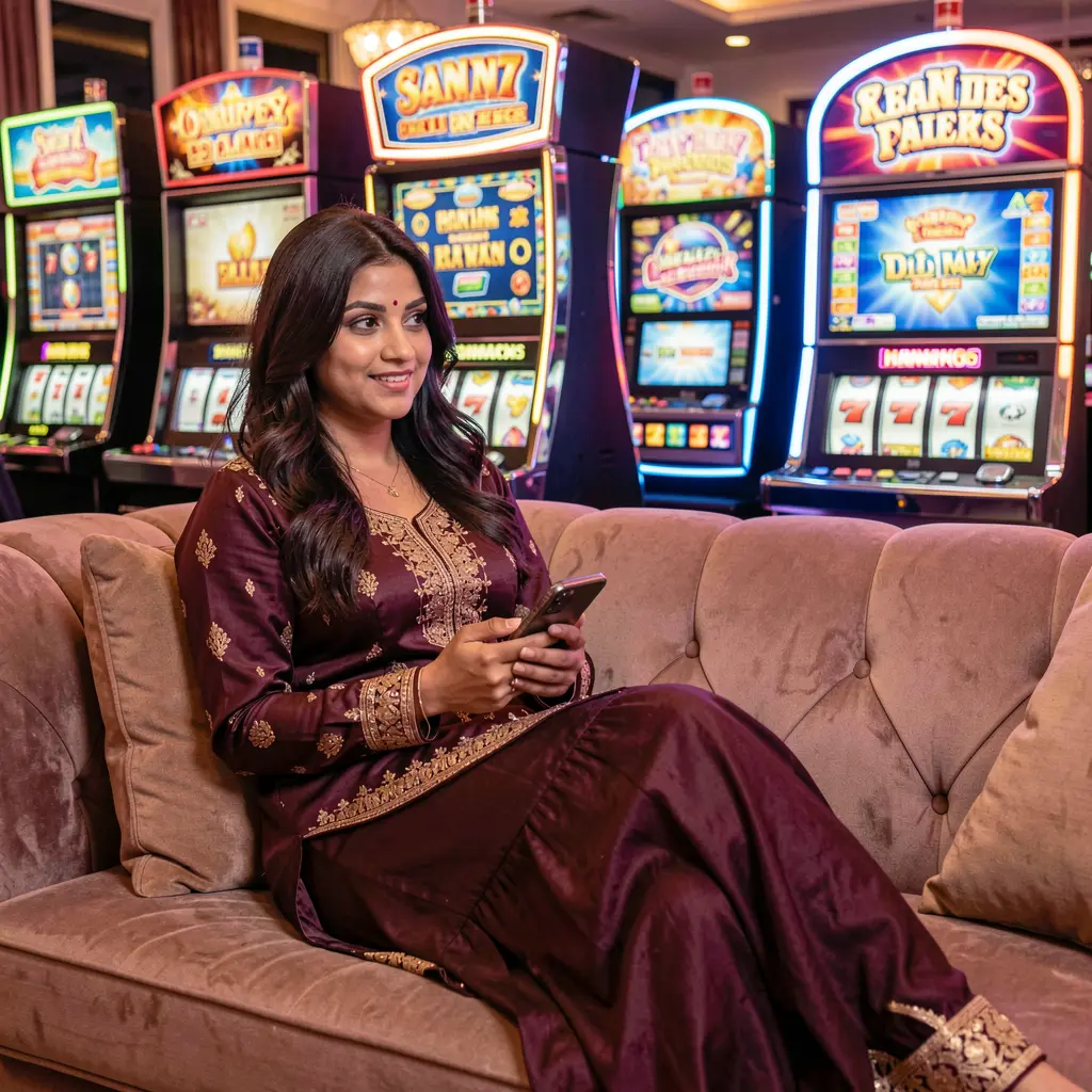 Confident Pakistani woman using the ISBO7 casino app on her phone with glowing slot machines and neon lights behind her