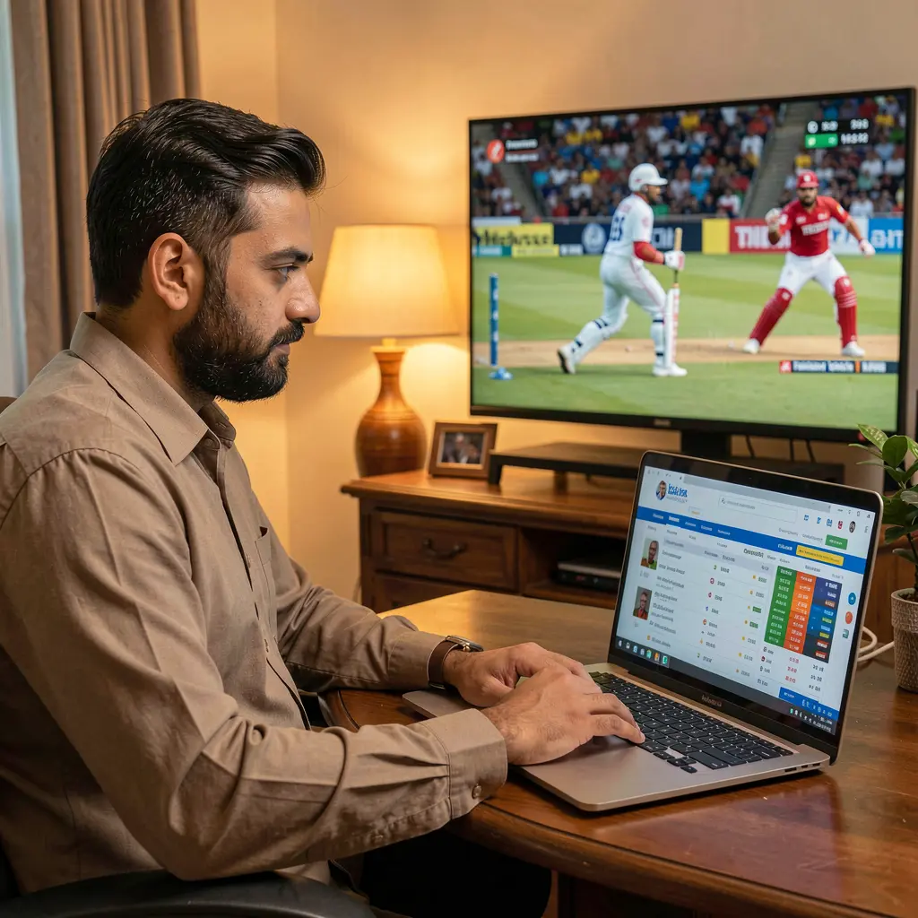 Focused Pakistani bettor analyzing cricket odds on the ISBO7 betting website while following a live match at home on a laptop