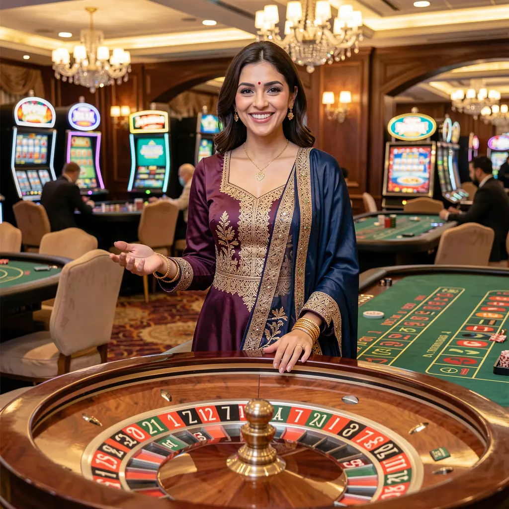 Elegant female live dealer at a roulette table in a luxury casino setting representing the immersive live dealer experience on ISBO7 for players in Pakistan