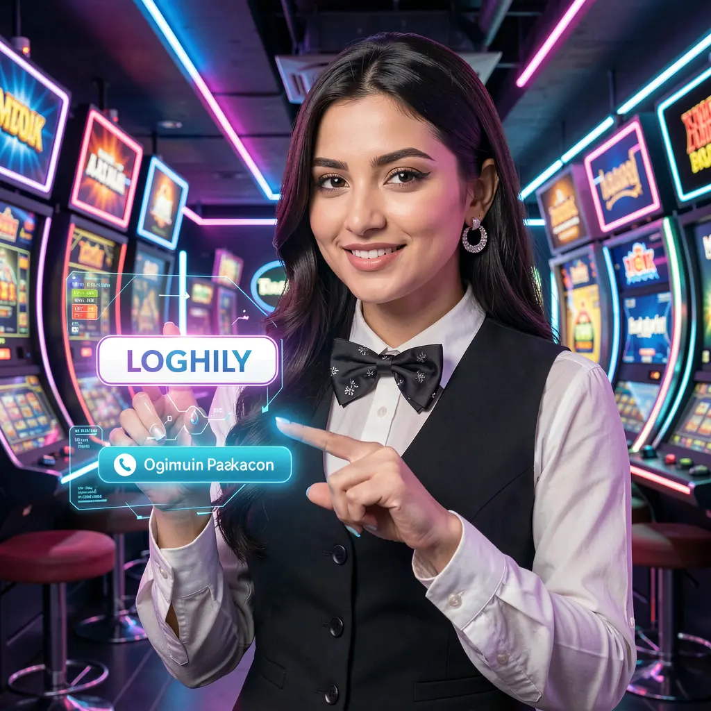Stylish ISBO7 live dealer pointing at a glowing virtual login button in a high tech casino setting for Pakistan