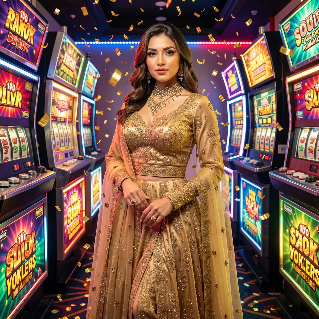 Elegant woman in a golden dress standing among glowing slot machines inside the immersive ISBO7 casino environment for Pakistan players